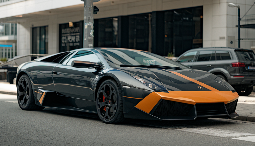a black and orange sports car parked on a street