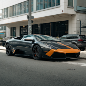 a black and orange sports car parked on a street
