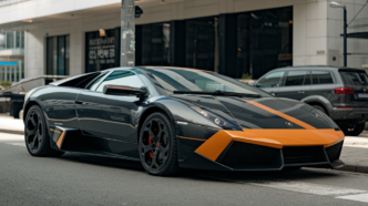 a black and orange sports car parked on a street
